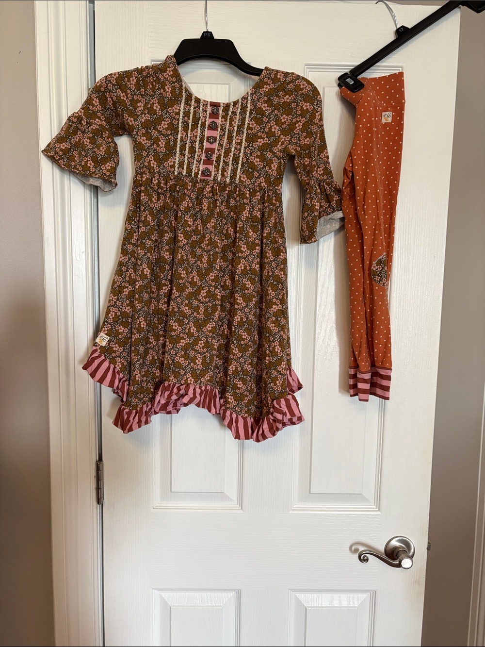 Wild Flowers No 6 Girls Floral Ruffle Dress with Rust Polka Dot Leggings